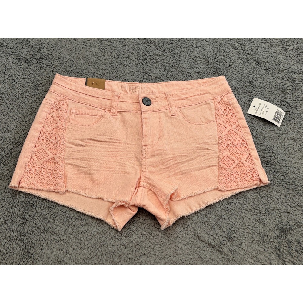 NWT Hippie Laundry Shorts Womens 27 Pink Denim Mid Rise Shortie Lace Accent
